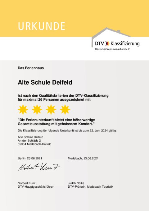 Alte Schule Deifeld 4 sterren DTV beoordeling.
