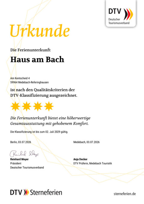 DTV Urkunde Haus am Bach 4 Sternen DTV Klassifizierung