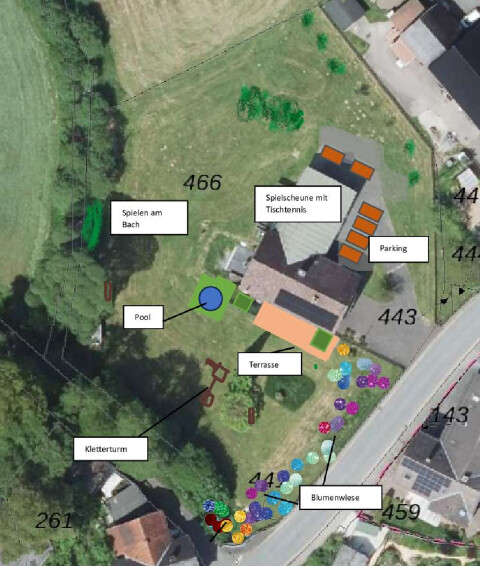 Grundriss und Gartenübersicht aus der Vogelperspektive Ferienhäuser Haus am Bach Referinghausen Sauerland Deutschland